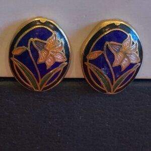 Vintage Cloisonné Floral Clip On Earrings